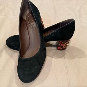 See By Chloe Black Suede Heels with Red Embellishments